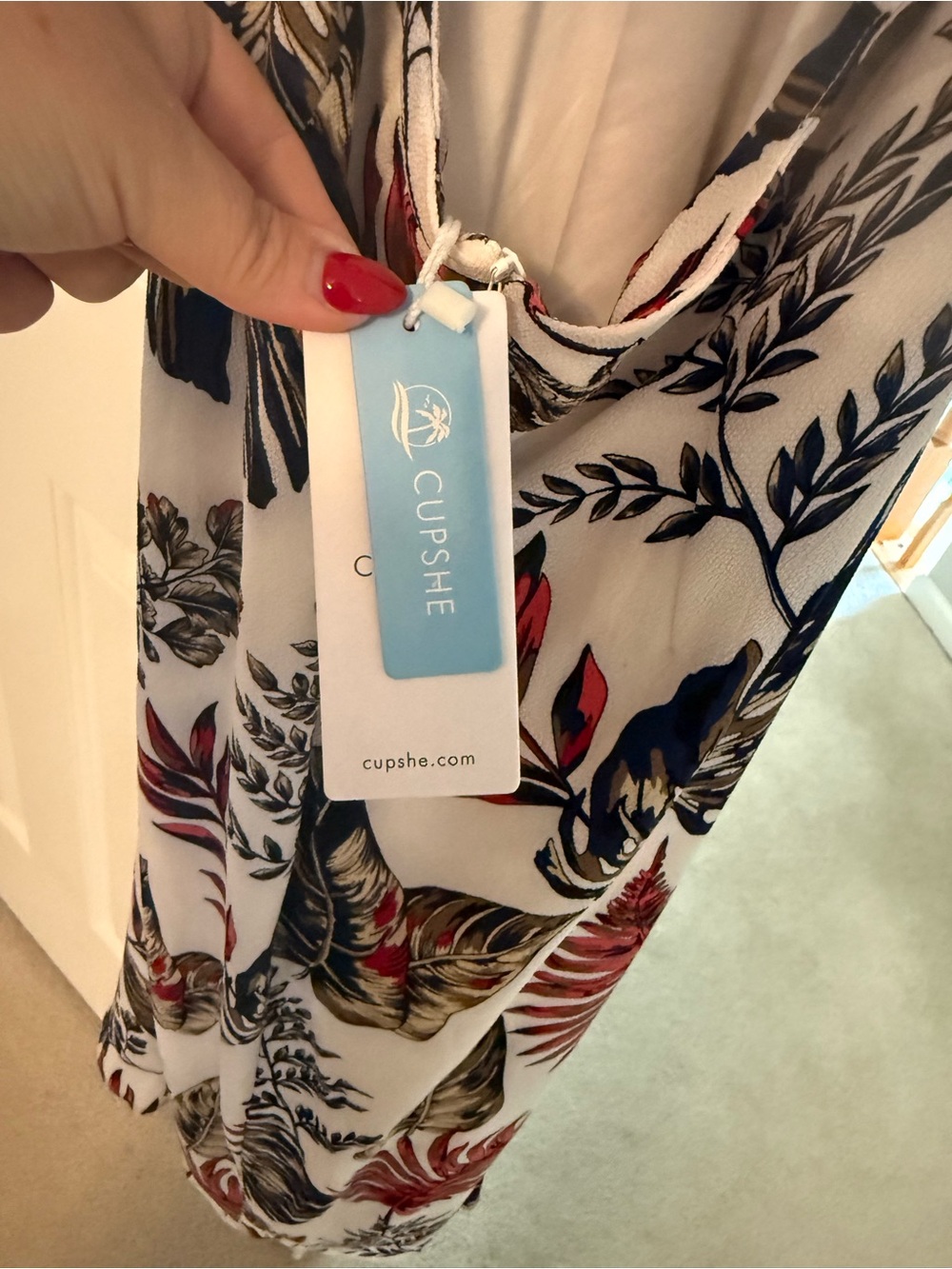 Cupshe White Maxi Dress with Red, Navy & Olive Leaf Print - Picture 3 of 5